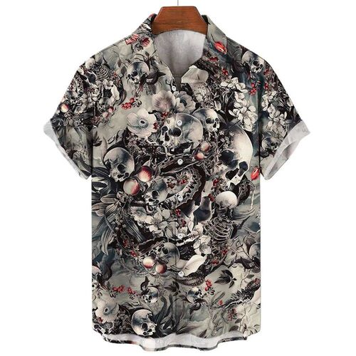 2023 Hawaiian Mens 3D Printed Shirt Summer Skull Head Retro