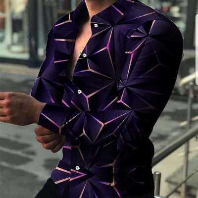 Mens Lapel Gradient Casual Slim-fit Long-sleeve Shirt Large