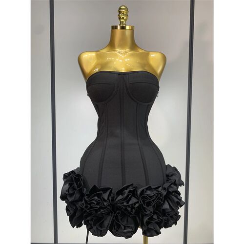 Women Evening Bandage Dress Strapless Bodycon Flowers Mini C