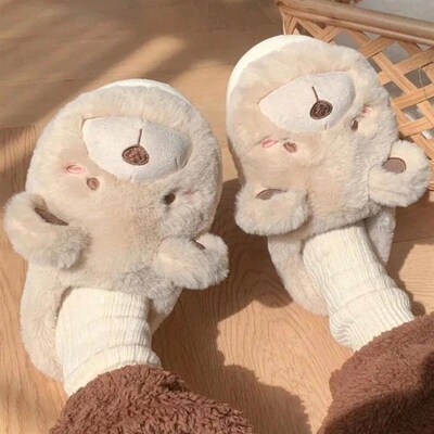 Cute Bear Single Band Winter New Women Slipper Soft Heel