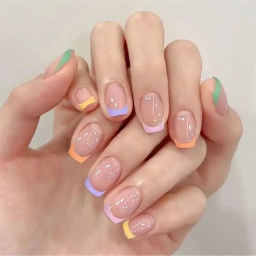 Square Press On Nails Short Fake Nails French Tip Colorful