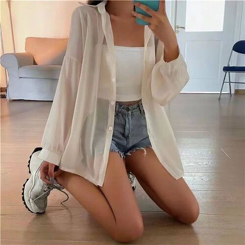 Summer Thin Shirts Women Loose Chiffon Long Sleeve Top Basic