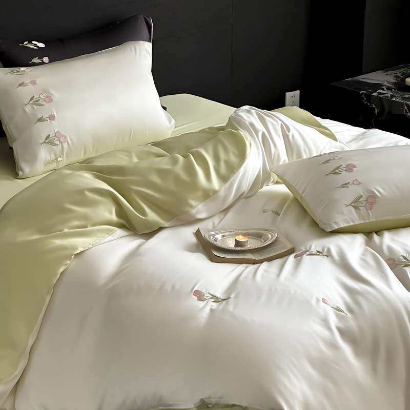 夏天小清新60支兰精天丝四件套夏季刺绣冰丝凉感莱赛尔纤维床品