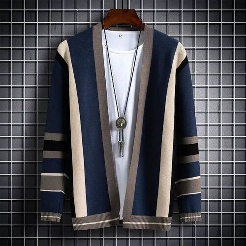 Chaopai Korean Sweater Coat Men Contrast Stripe Patchwork Lo