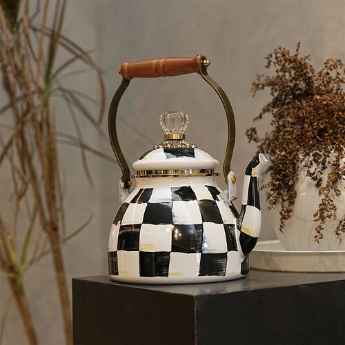 2.5L Kettle Classic Black White Grid Pattern Wooden Handle C