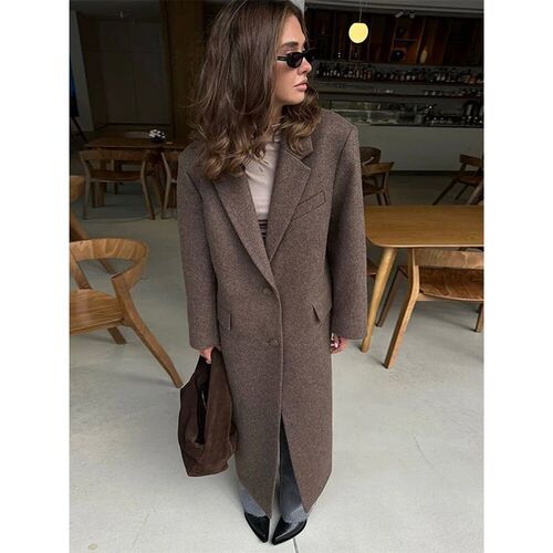 Brown Shoulder Pad Woolen Overcoat Women Elegant Lapel Singl