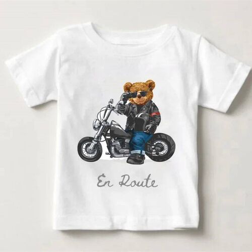 Funny Bear Riding Motorcycle Car Print Boys And Girls White