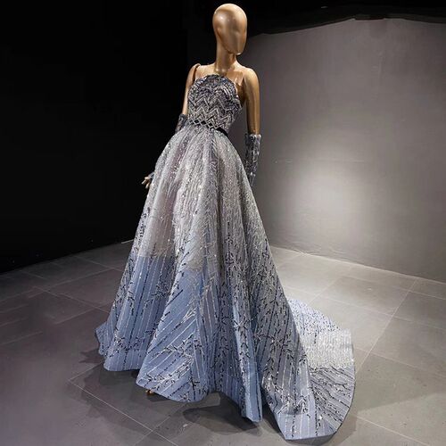Sharon Said Glitter Blue Beaded Dubai Evening Dresses Luxury
