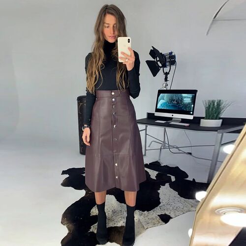 Pu Leather Rivets Buttons Midi Skirt Women High Waist Casual