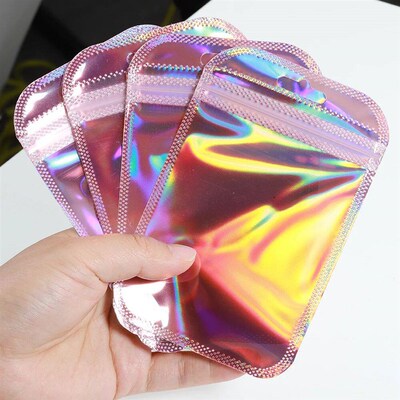 50pcs Iridescent Self Sealing Bags Pink Laser Plastic Pouche