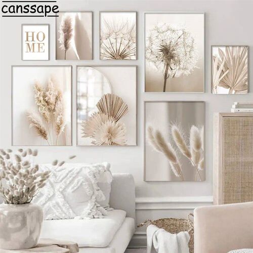 Reed Pampas Grass Art Poster Dandelion Flower  Painting Beig