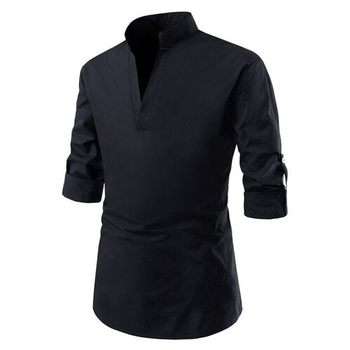 Autumn Mens Solid Color Pullover Shirt Standing Leader Long