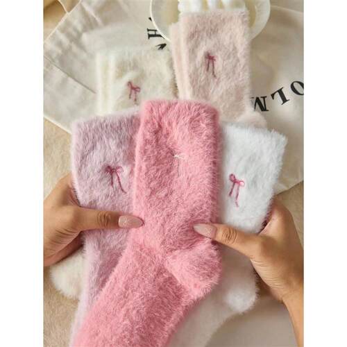 Autumn Winter Fleece Bow-Tie Plush Socks Woman Cute Sweet Mi