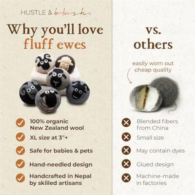 Hustle and Blush Fluff Ewes Wool Dryer Balls 6 Pack - Extra