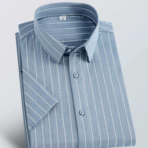 Short-sleeved Striped Shirt Mens Bamboo Fiber Work Casual W