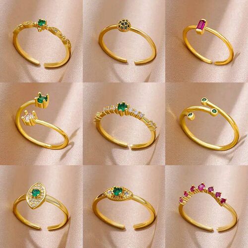 Tiny Green Zircon Round Rings For Women Geometric Stainless