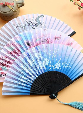 Vintage Silk Folding Fan Retro Chinese Japanese Bamboo Hand