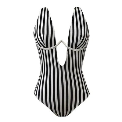 S - XL V shape Wire Striped Women Swimwear One Piece Swimsui