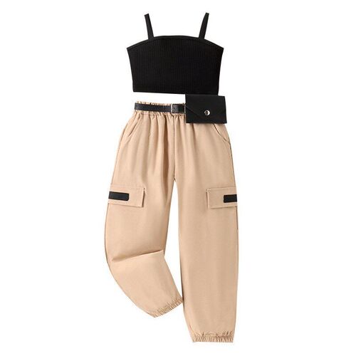 SpringSummer 2025 Kids Fashion Set Sling Vest Cargo Pants Wa