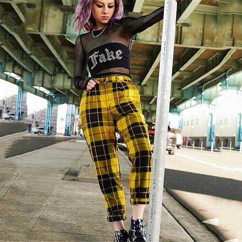 Plaid Pants Women Streetwear Cool Girl High Waist Trousers h