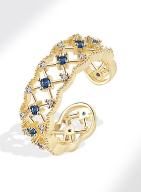 Retro Palace Hollow Lace Ring Blue Zircon Stylish and Person