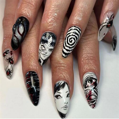 24Pc Almond Pointed Kawakami Tomie Press on Nails Wearable P