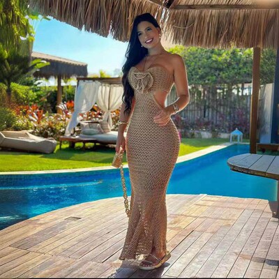 Hanging neck flower handmade long skirt, backless beach