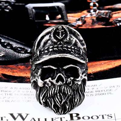 Stainless Steel Cast Pirate Captain Skull Ring Mens Person
