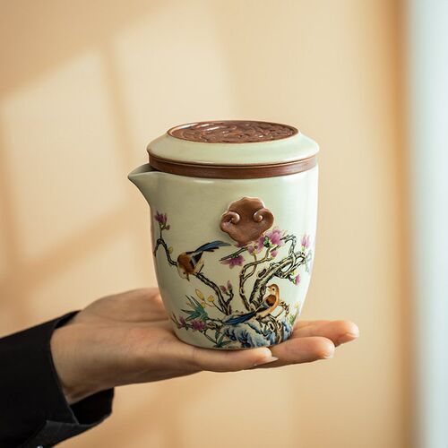 Full Flower Yellow Ru Kiln Hover Express Cup Travel Tea Set