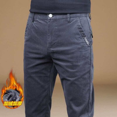 High-en Mens Casual Pants Winter Fleece-line Slim-fit Strai