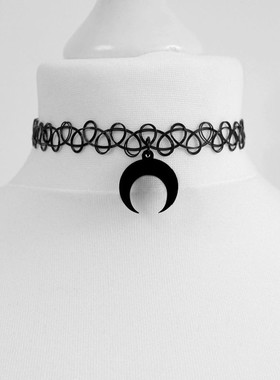 Goth Tattoo Inverted Crescent Sretchy Chain Choker Black Moo