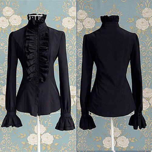 Fashion Victorian Womens Tops Ruffles Long Sleeve Frill Soli