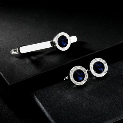 Textured Mens Blue Crystal Dust Round Cufflinks&Tie Clip Set