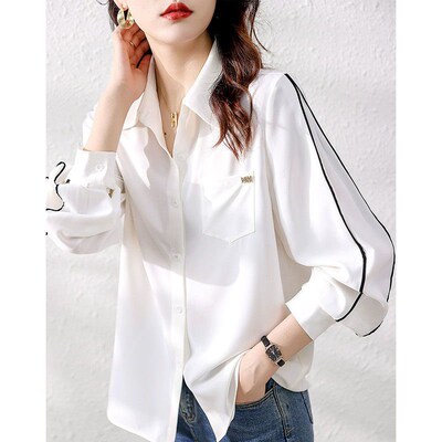 Fashion Lapel Button Spliced Pockets All-match Shirt Women