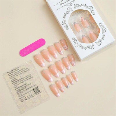 Nude with White Tip Almond Fake Nails Long Lasting Safe
