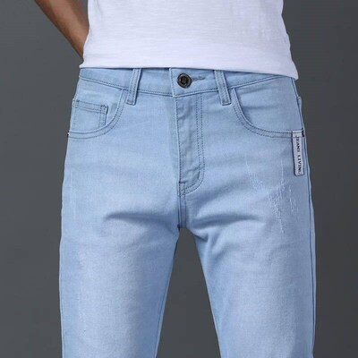 Men Business Casual Straight Narrow Leg Jeans Light Blue