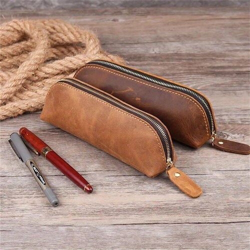Vintage Leather Pencil Bag Simple Stationery Hoder Pen Case