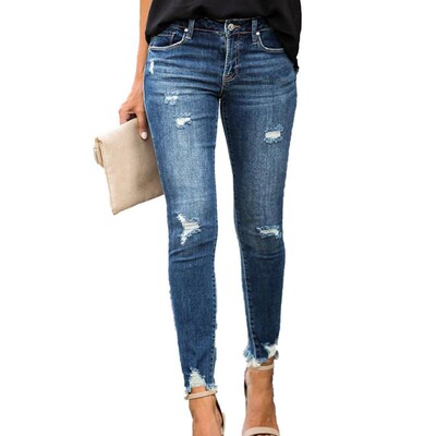 New Mid Waist Skinny Jeans Women Vintage Distressed Denim Pa