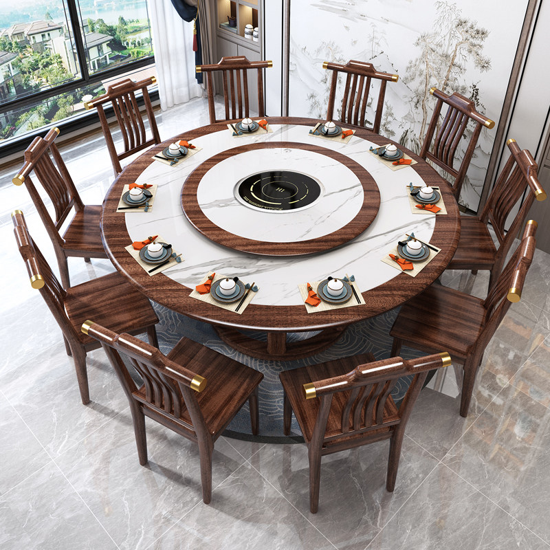 乌金色实木岩板圆形餐桌椅带电磁炉转盘家用火锅饭桌大圆桌子,住宅家具,岩板餐桌,淘宝优惠券,粉丝福利购,淘宝优惠卷