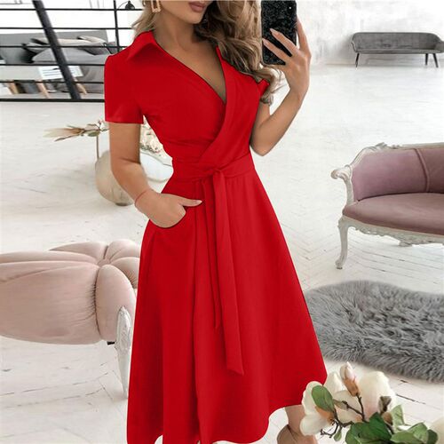 Summer Womens A-Line Dress Fashion Elegant Solid V-neck