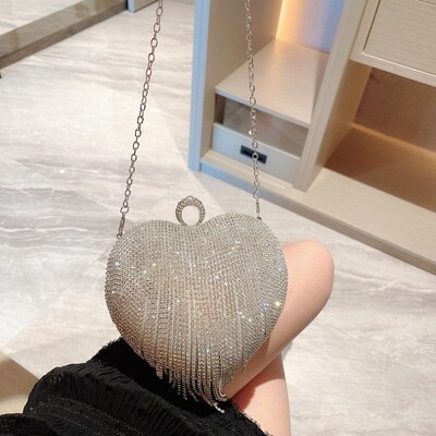 Rhinestone Evening Bag Heart Pattern Silver Clutch Womens Fa