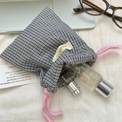 New Plaid Storage Drawtring Bag Women Cometic Liptick Storag