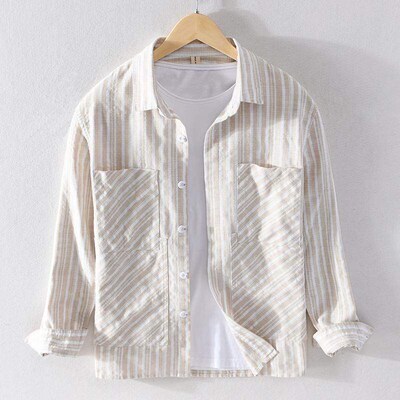 9330 Men Striped Shirt Cotton Linen Fabric Japan Style Simp