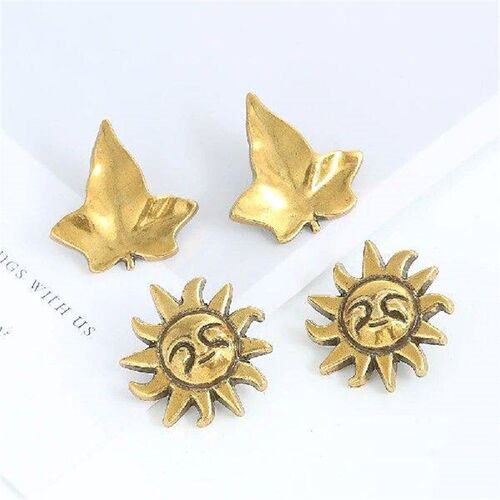 5PCS Vintage Metal Sun Face Smiley Face Maple Leaf Buttons