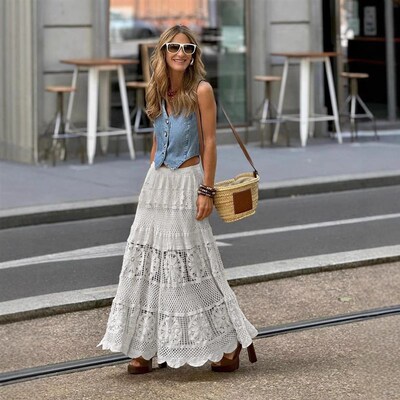 2025 Russian Women Lace Cut-out Knit Skirt