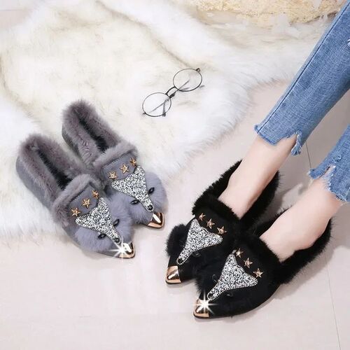 Crystal Fox Pattern Winter Flat Loafers Women Metal Pointed