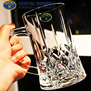 捷克BOHEMI水晶玻璃精酿小麦带把啤酒杯大容量刻花啤酒杯子