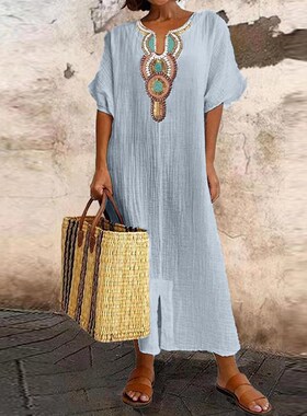 Cotton Linen Dress for Women  Casual Pullover Elegant Midi