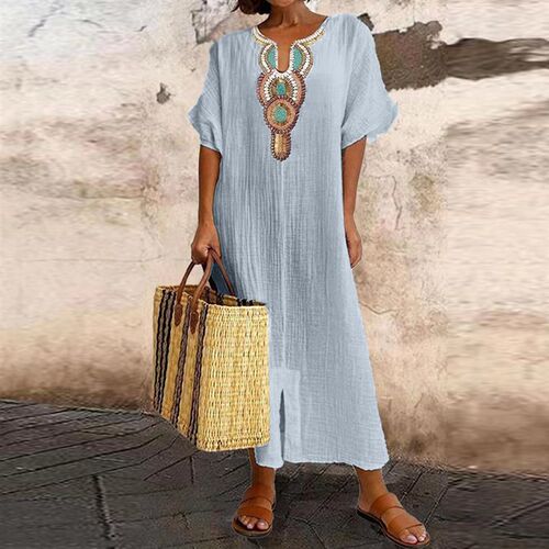 Cotton Linen Dress for Women  Casual Pullover Elegant Midi