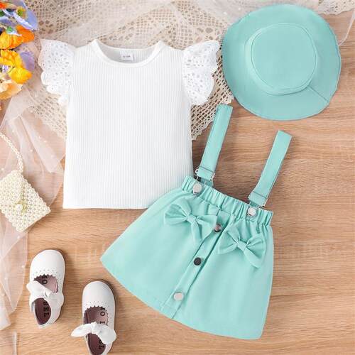 SpringSummer Lace Sleeve Tops Plain Strappy Skirts Hat Girl